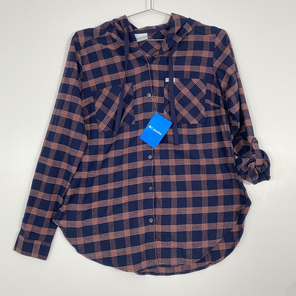 NWT Columbia Shirt Womens Medium Blue Plaid Hooded Button Front Long Sleeve Top